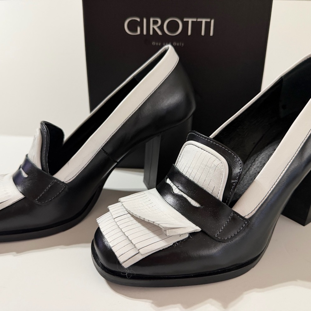 NEW Girotti Custom Black and White Leather Fringe Block Heel Loafers